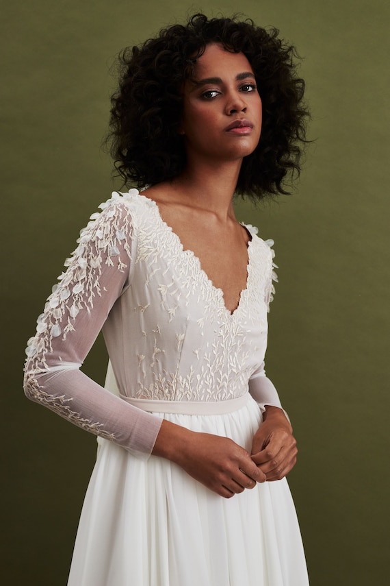 Embroidered Beige V-neck Scalloped Bodice Wedding Dress with Sheer Long Sleeves