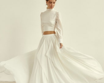 Crop top wedding dress with multilayered chiffon skirt and long sleeve blouse