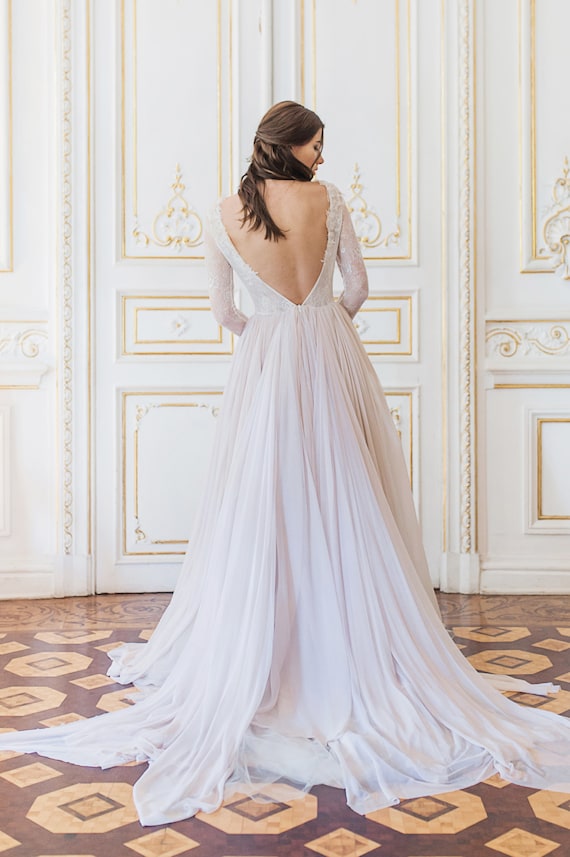 Lilac lace cheap wedding dress