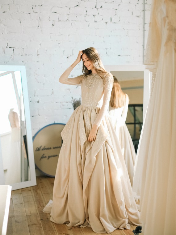 Beige Wedding Dress With Sheer Long Sleeve Embroidered Bodice - Etsy