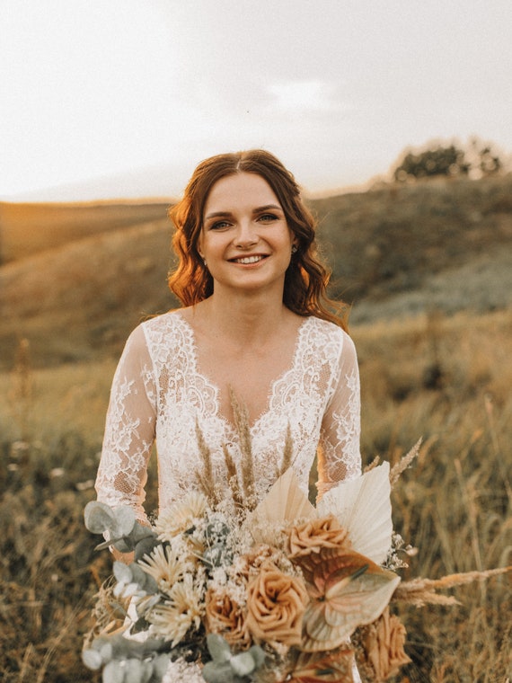V-neck Scalloped Wedding Dress With Lace Sleeves - Etsy