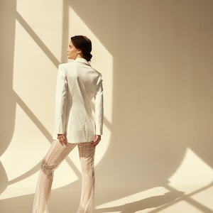 Bridal pantsuit with illusion wedding trousers and white long wedding jacket image 6