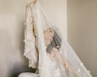 Monarch beige scalloped edge wedding veil with hand-sewn textile petals, ivory wedding veil, off-white wedding veil