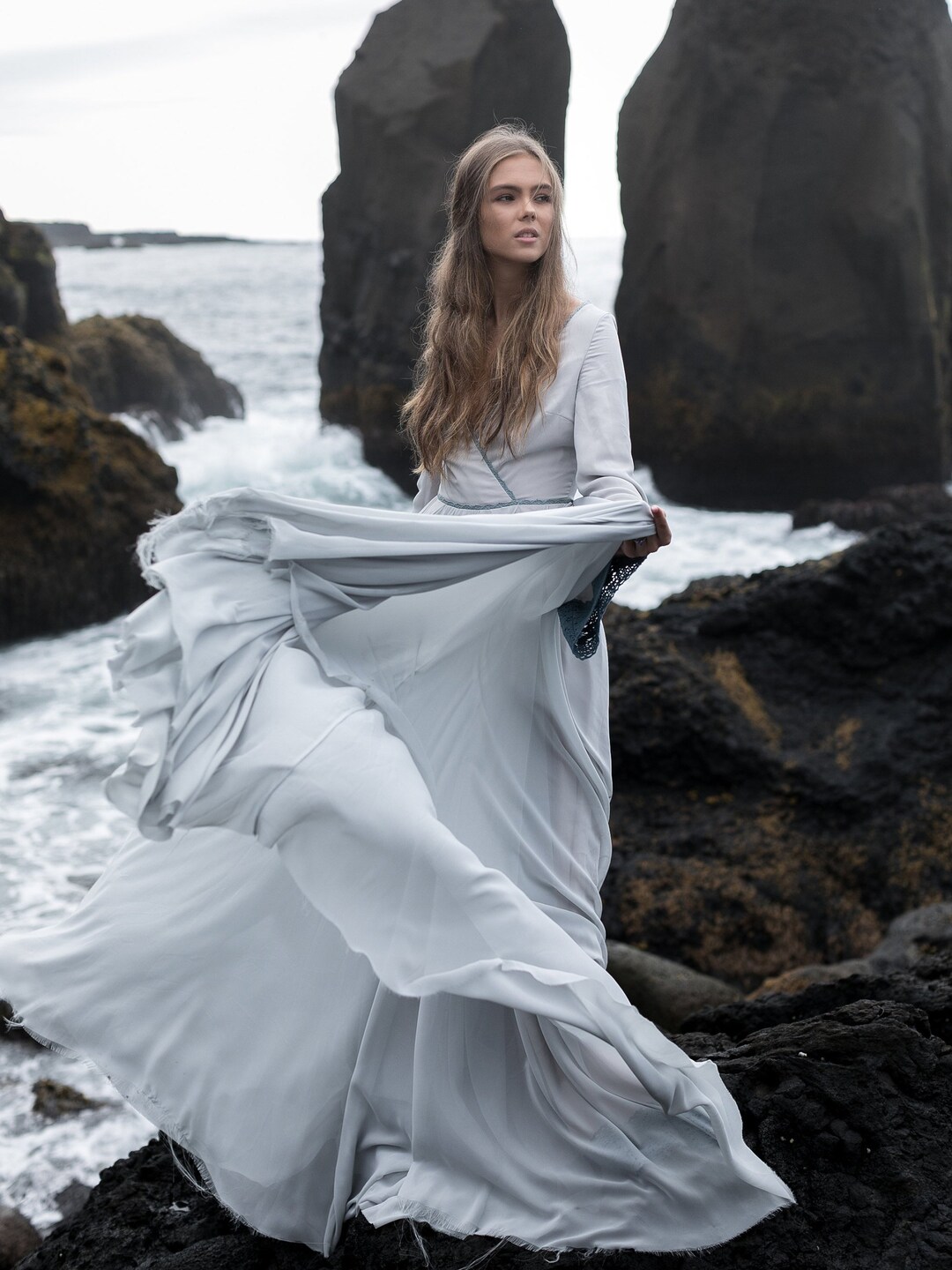 Blue V-neck Wedding Gown With Wide Sleeve With Lace Edging - Etsy