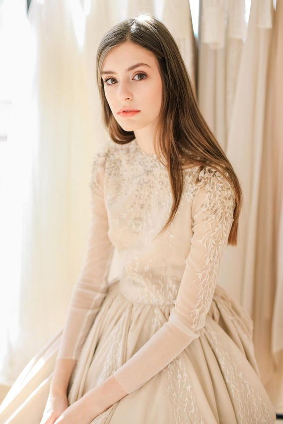 Beige Wedding Dress With Sheer Long Sleeve Embroidered Bodice - Etsy