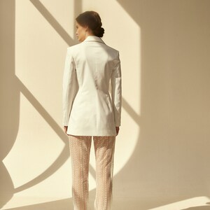 Bridal pantsuit with illusion wedding trousers and white long wedding jacket image 9