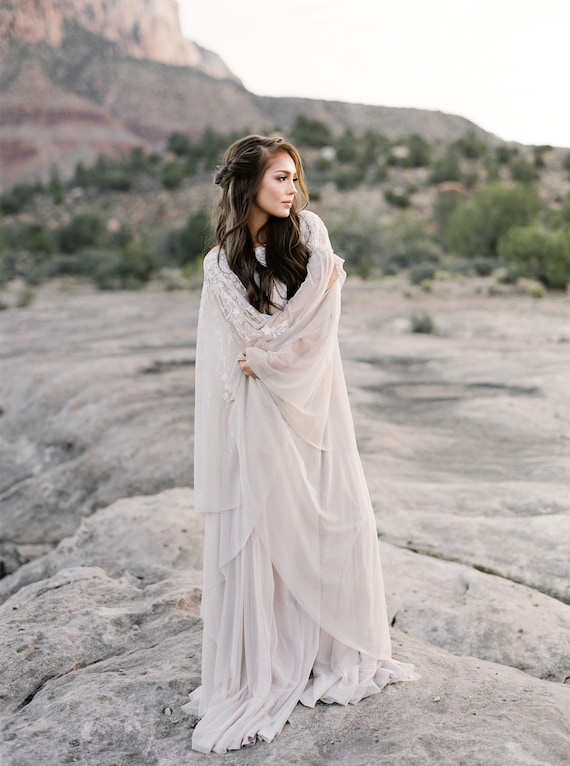 Batwing Sleeve Boho Wedding Dress With Embroidered Bodice Etsy