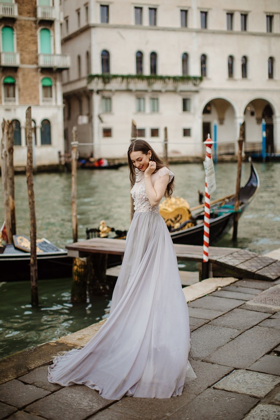 Blue Grey Wedding Gown With Hand Cut Floral And Crystal Etsy