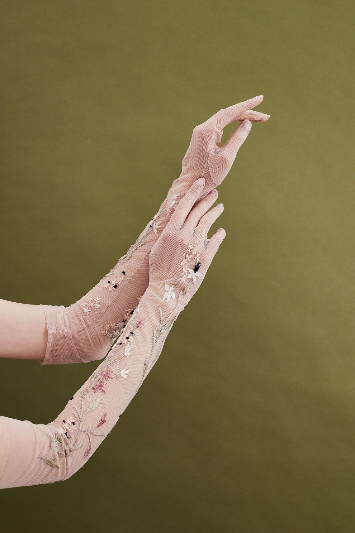 Long Sheer Soft Tulle Wedding Gloves With Floral Embroidery Etsy