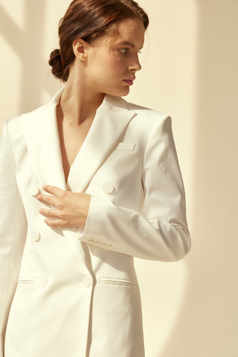Bridal pantsuit with illusion wedding trousers and white long wedding jacket image 5