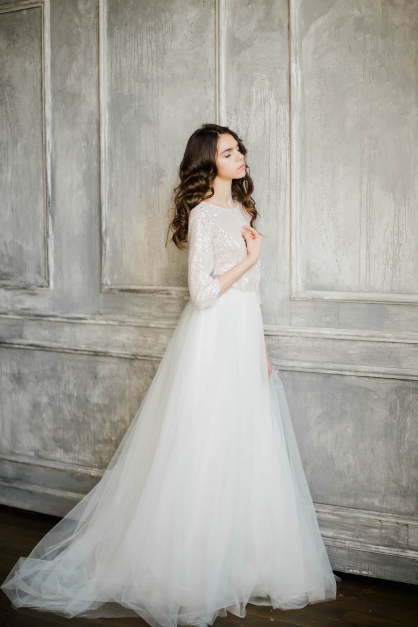 Elbow Sleeve Wedding Dress With Layered Skirt - Etsy