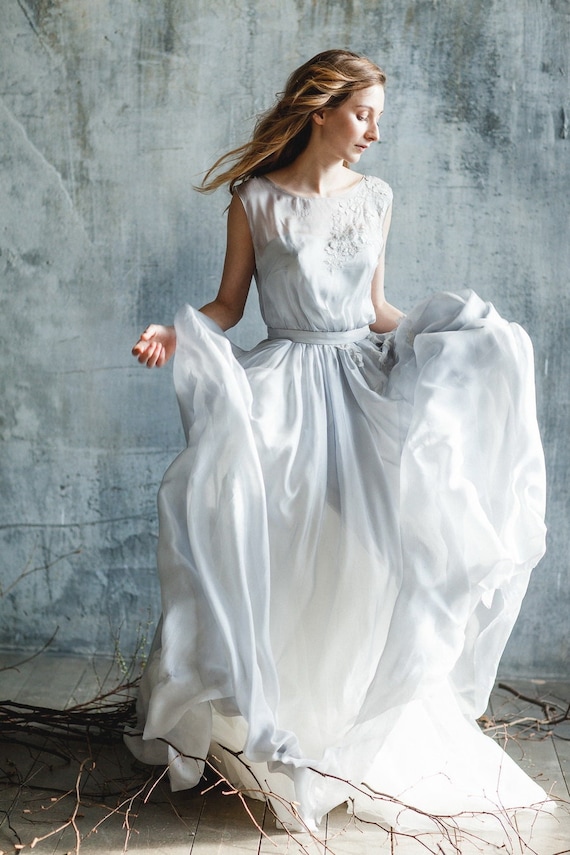 Simple grey wedding dress made of natural silk