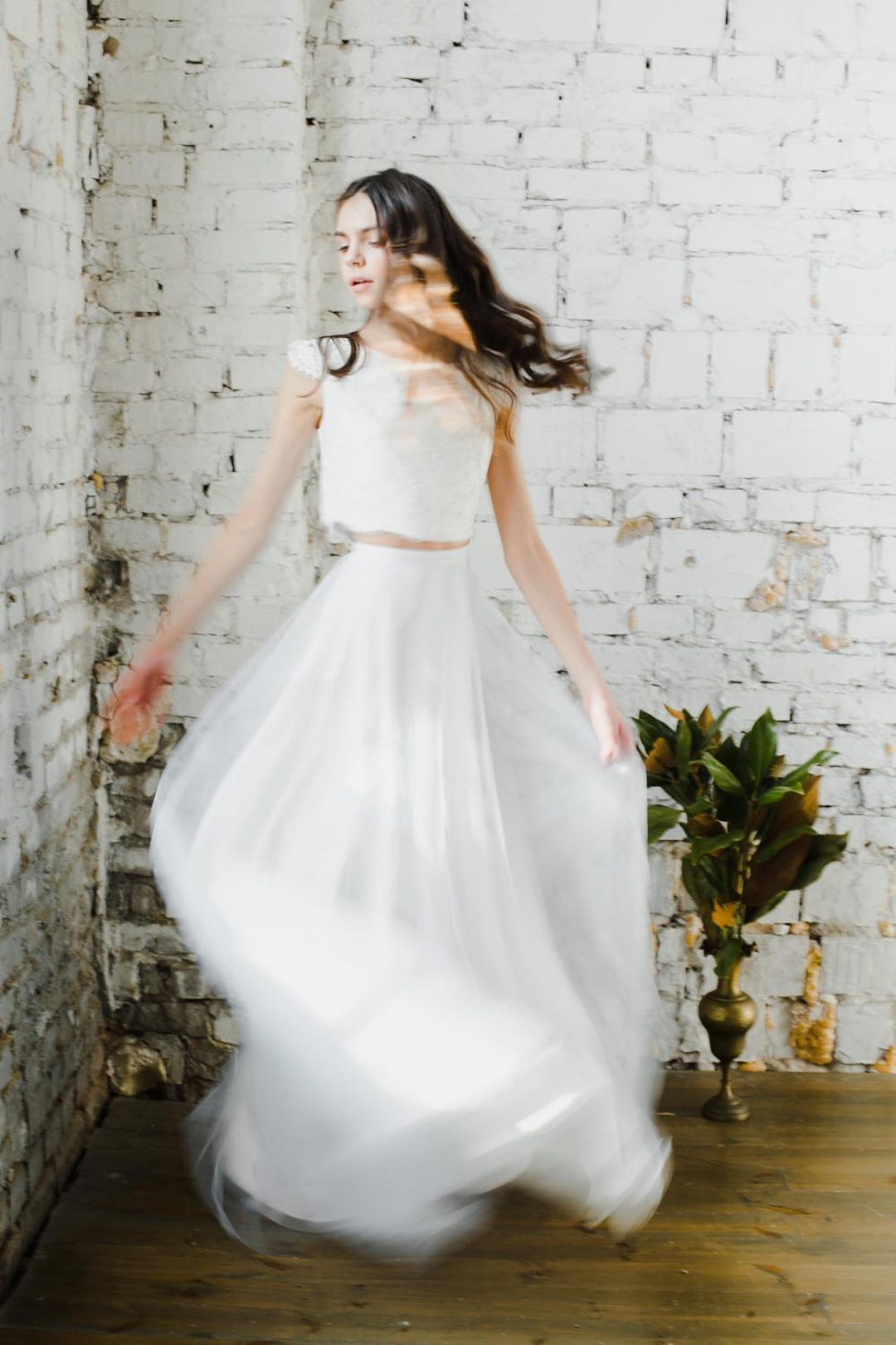 Crop Top Two Piece Wedding Dress With Lace Top and Flowing - Etsy
