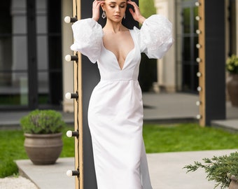 Vintage inspired satin custom wedding dress v-neck bodice and puffed sleeves/S size
