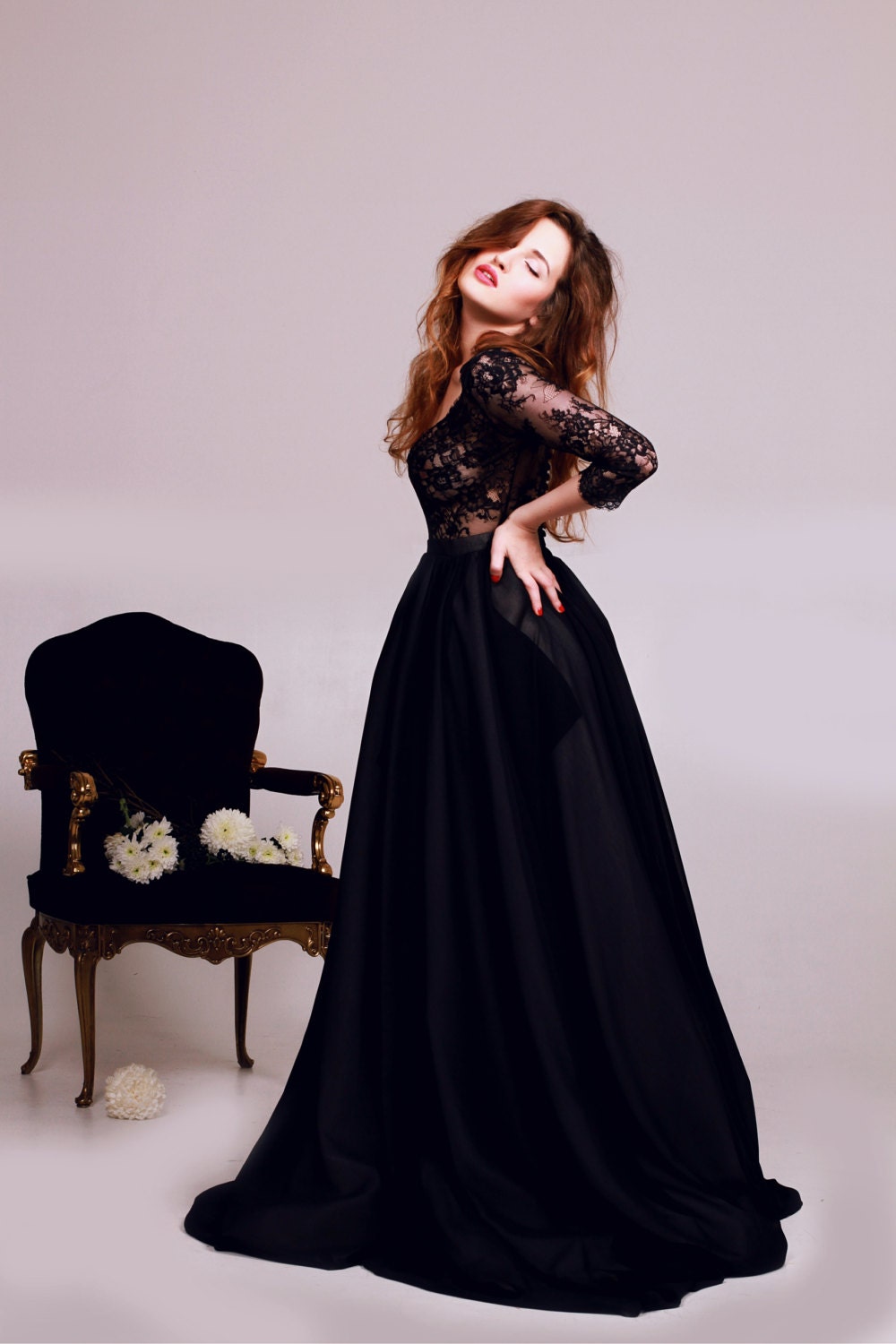 Black Lace Deep V-neck Wedding Dress With 3/4 Sleeves -  Canada