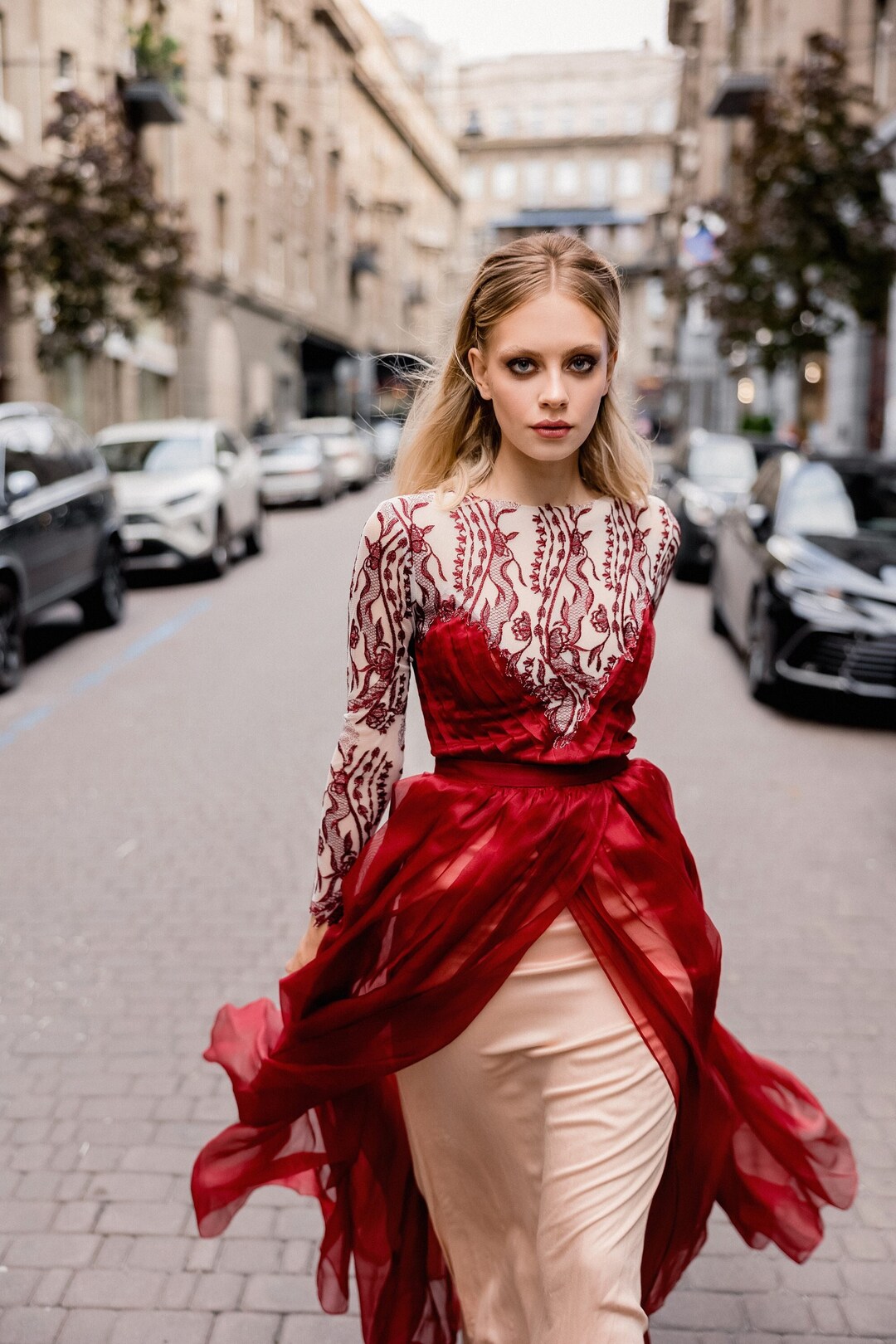 Red Wedding Dress Lace Wedding Dress Long Sleeve Wedding Dress V