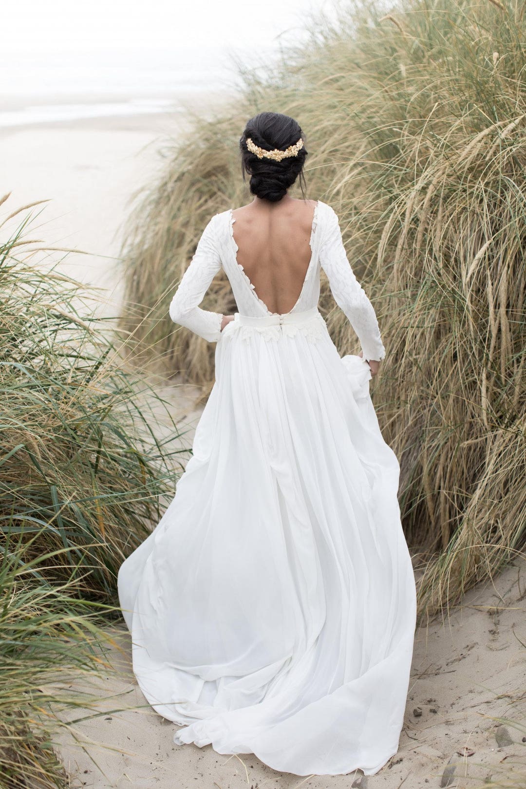 navy blue dress for baby girl Lace Backless A-Line V-neck Long Sleeves Wedding Dresses, Bridal Dresses,  MW552