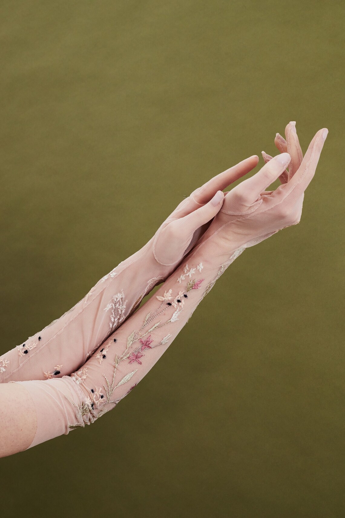 Long Sheer Soft Tulle Wedding Gloves With Floral Embroidery Etsy