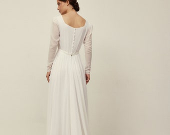 Long sleeve sheath wedding dress with modest high neck bodice