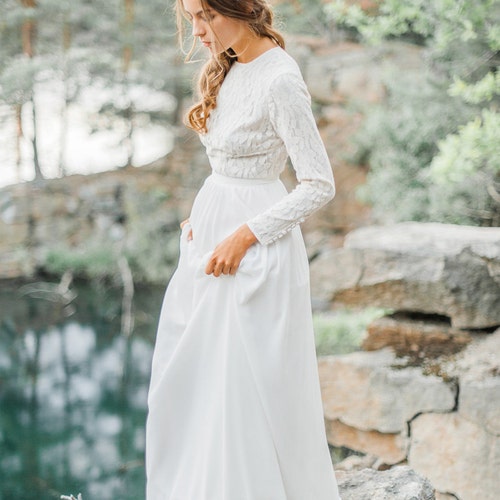 Long Sleeve Sheath Wedding Dress With Modest High Neck Bodice - Etsy