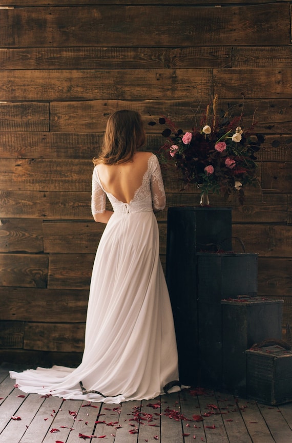 Vintage Inspired Open Back Wedding Dress With Sheer Lace Sleeve