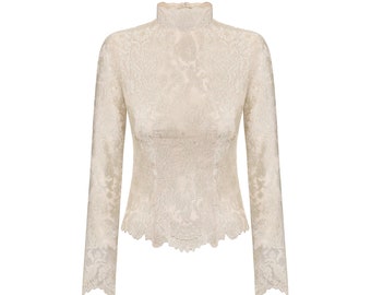 Beige long sleeve wedding blouse golden embroidery