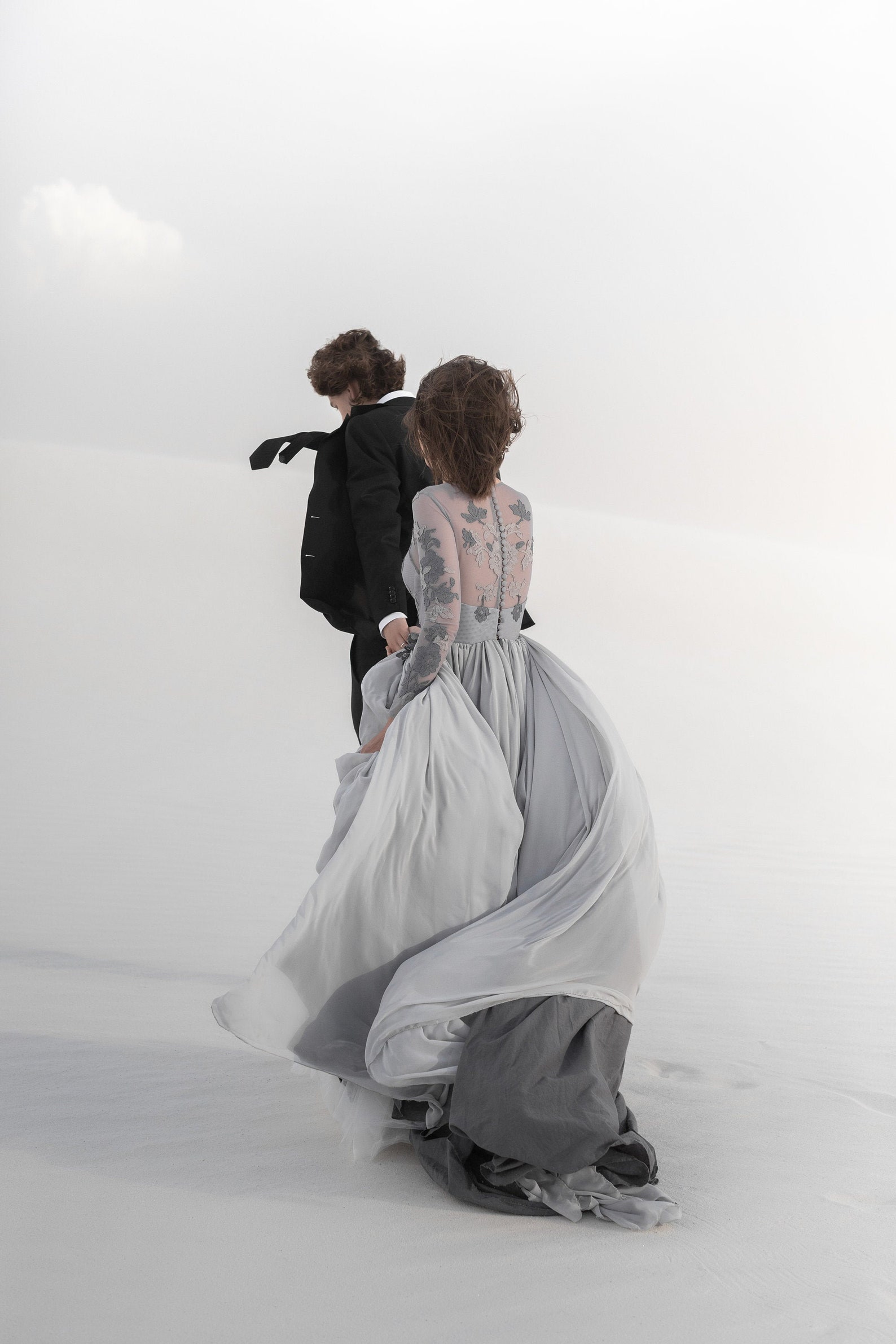 Gray Wedding Dress With Sheer Sleeves and Floral Appliques Floating