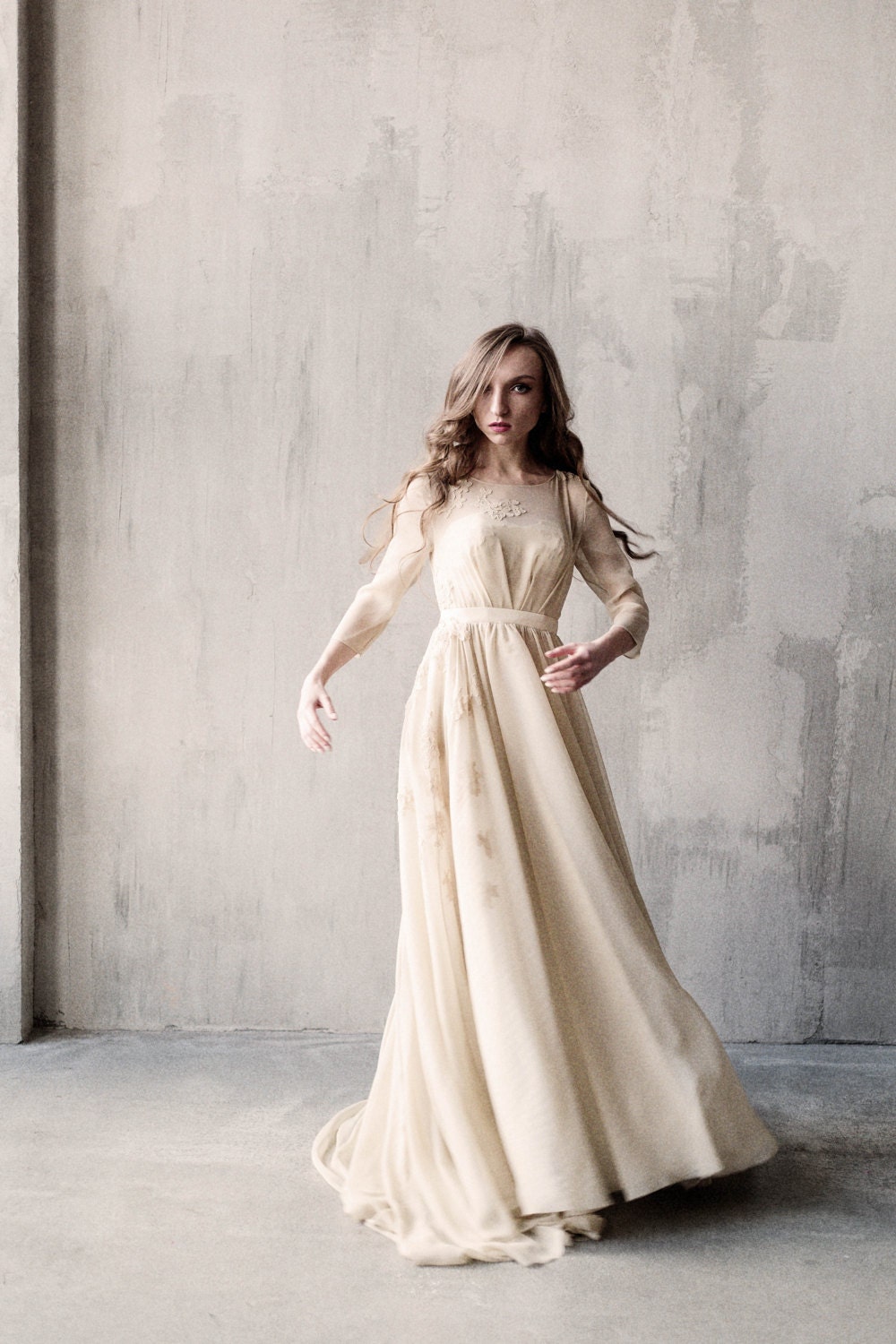 Corset wedding dress with elbow sleeve sheer bodice