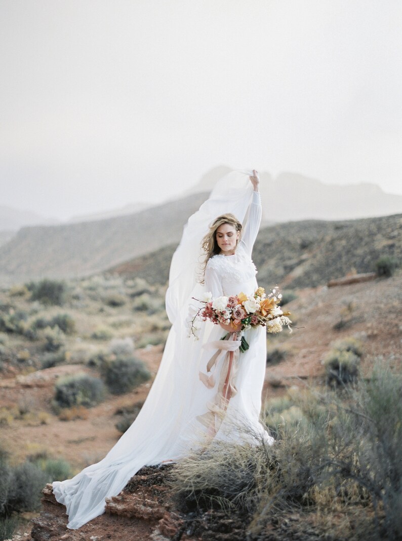 Off-white cape wedding gown with hand-cut silk and crystal embroidery image 6