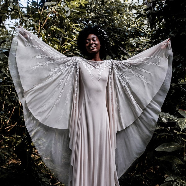 Custom bohemian wedding dress with bell sleeve and cutout back/final 50% deposit payment