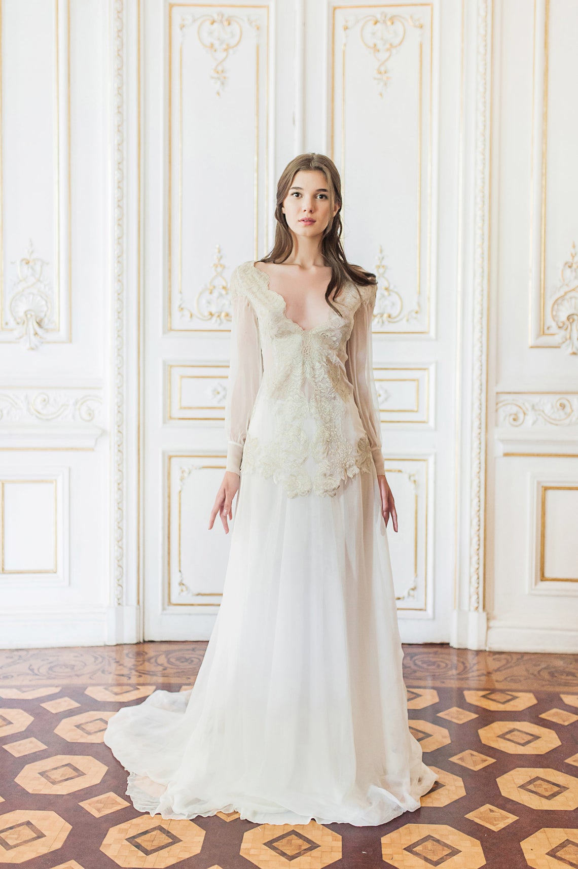 Sleeve Wedding Gown With Gold Lace Bodice Etsy