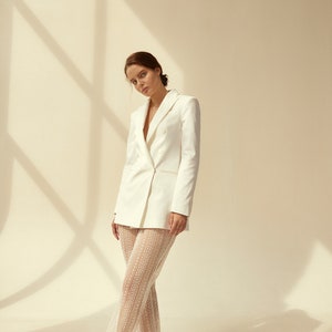 Bridal pantsuit with illusion wedding trousers and white long wedding jacket image 4