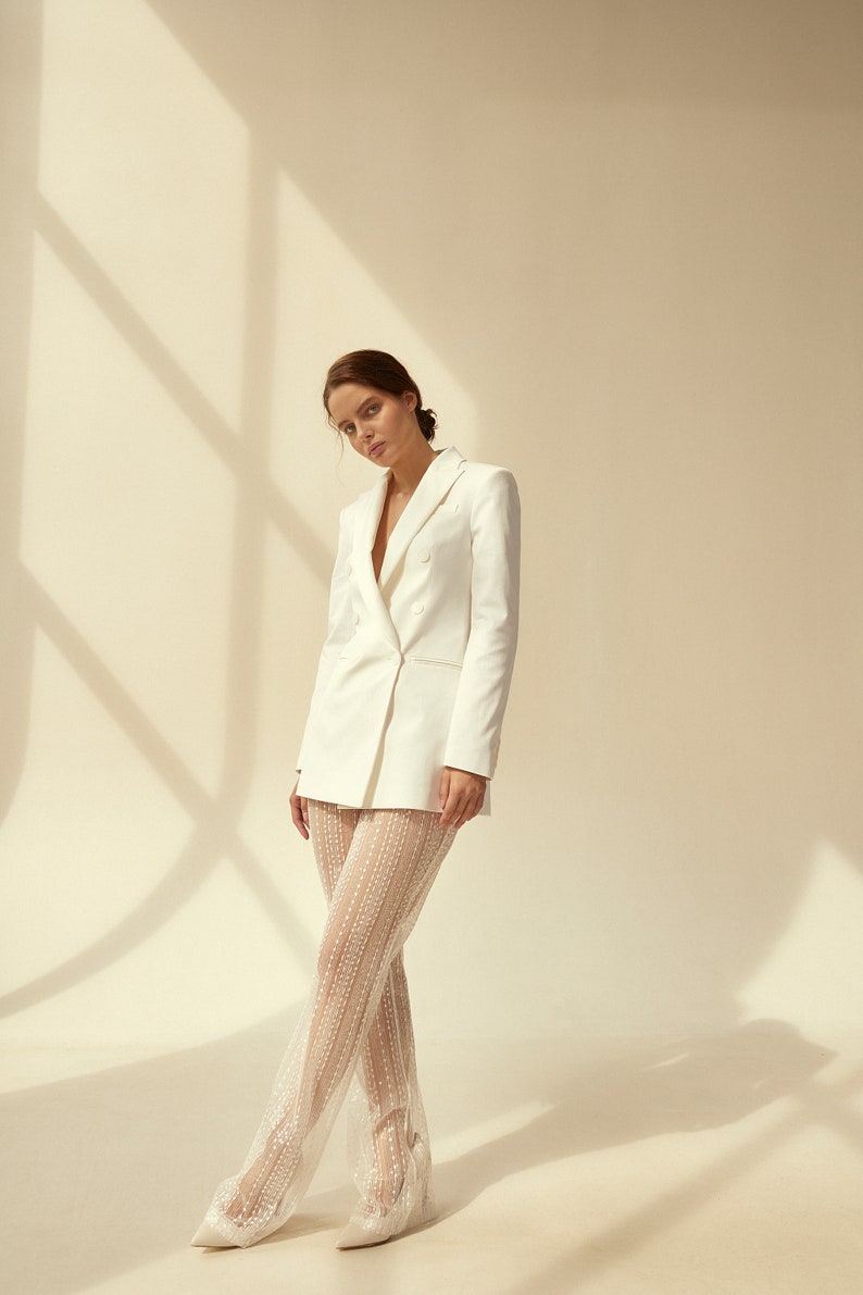 Bridal pantsuit with illusion wedding trousers and white long wedding jacket image 4