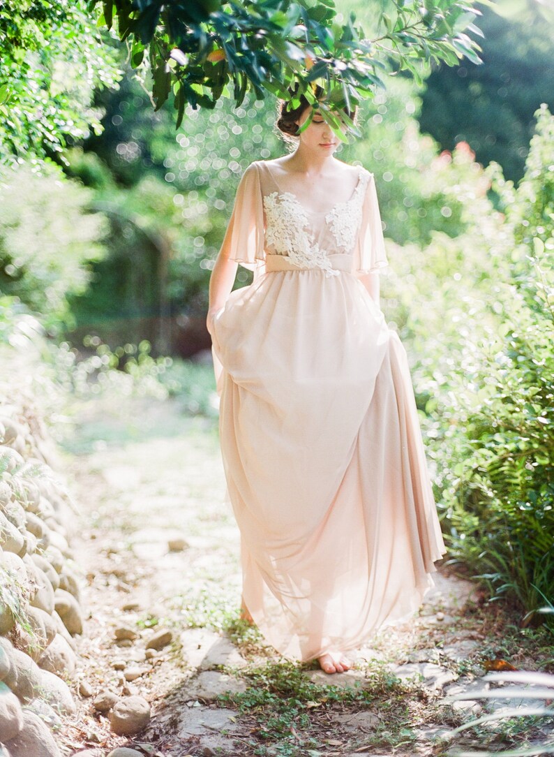 Bohemian olive noncorset wedding dress with lace