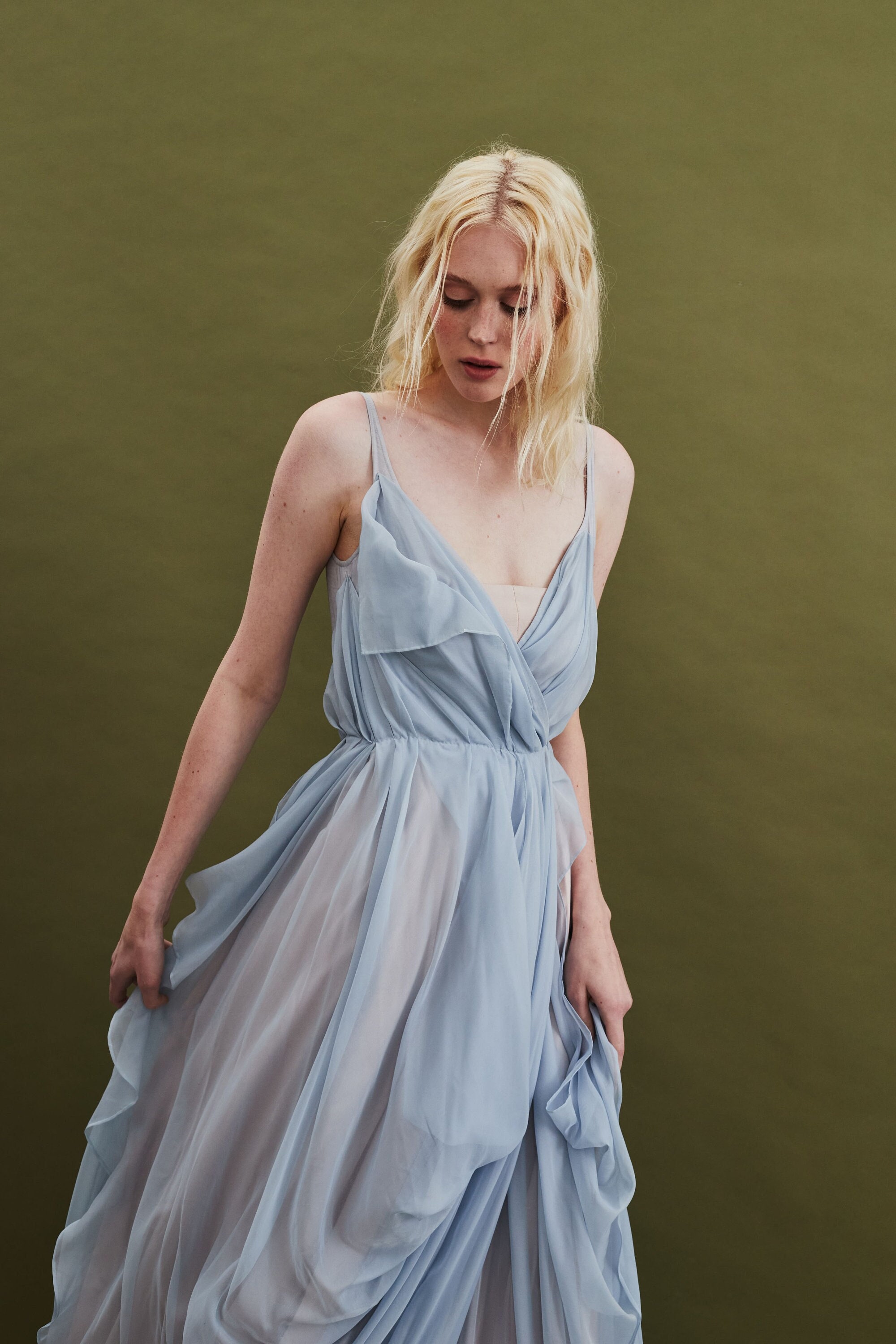Blue Draped Gown with Braided Details