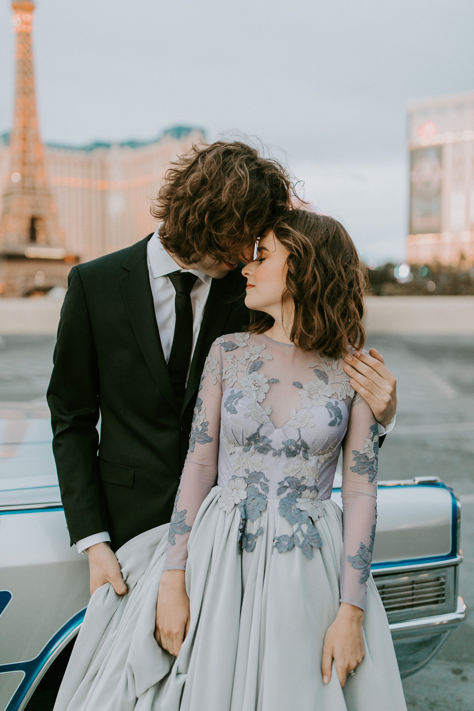 Gray Wedding Dress With Sheer Sleeves and Floral Appliques Floating Down  the Bodice, Lace Wedding Dress, Tulle Wedding Dress - Etsy