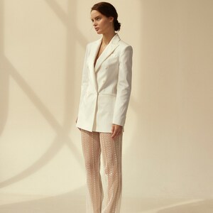 Bridal pantsuit with illusion wedding trousers and white long wedding jacket image 3