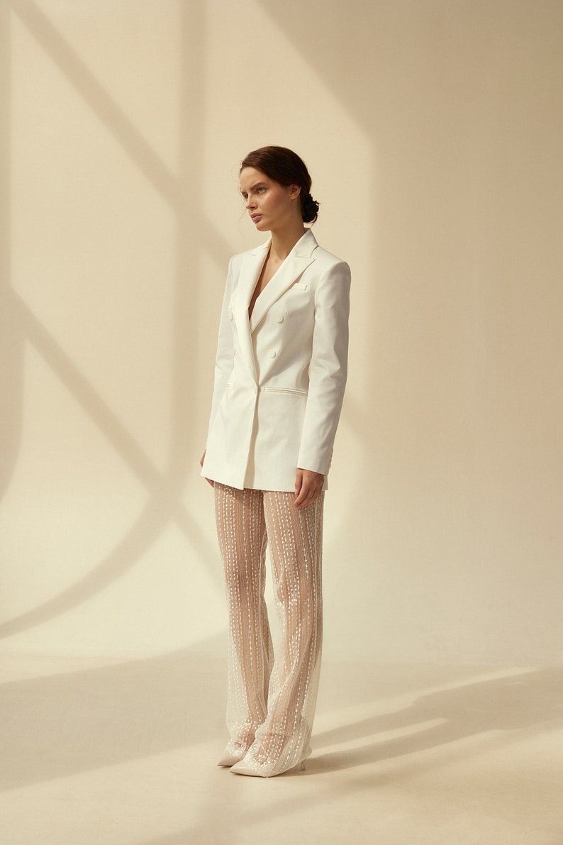 Bridal pantsuit with illusion wedding trousers and white long wedding jacket image 3