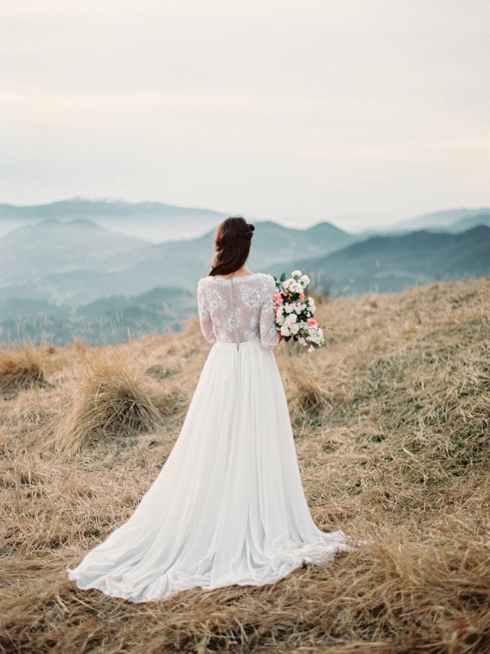 A-line Scalloped Neck Half Sleeve Sweep Lace Wedding Dress
