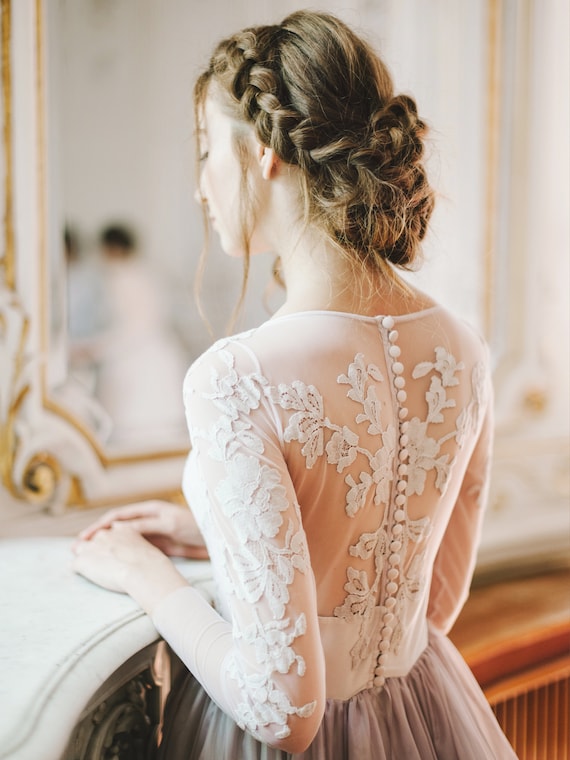 Sexy Lace Wedding Dress with Sheer Bodice and Long Sleeves