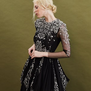 Black Embroidered Bodice Wedding Dress with Sheer Long Sleeve Bodice