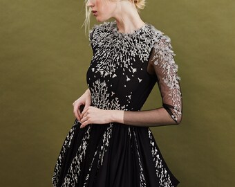 Black Embroidered Bodice Wedding Dress with Sheer Long Sleeve Bodice