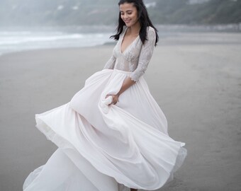 Lace sleeve lavender wedding dress with v-neck bodice / pink wedding dress