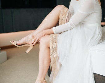 Open back wedding dress with lace trim