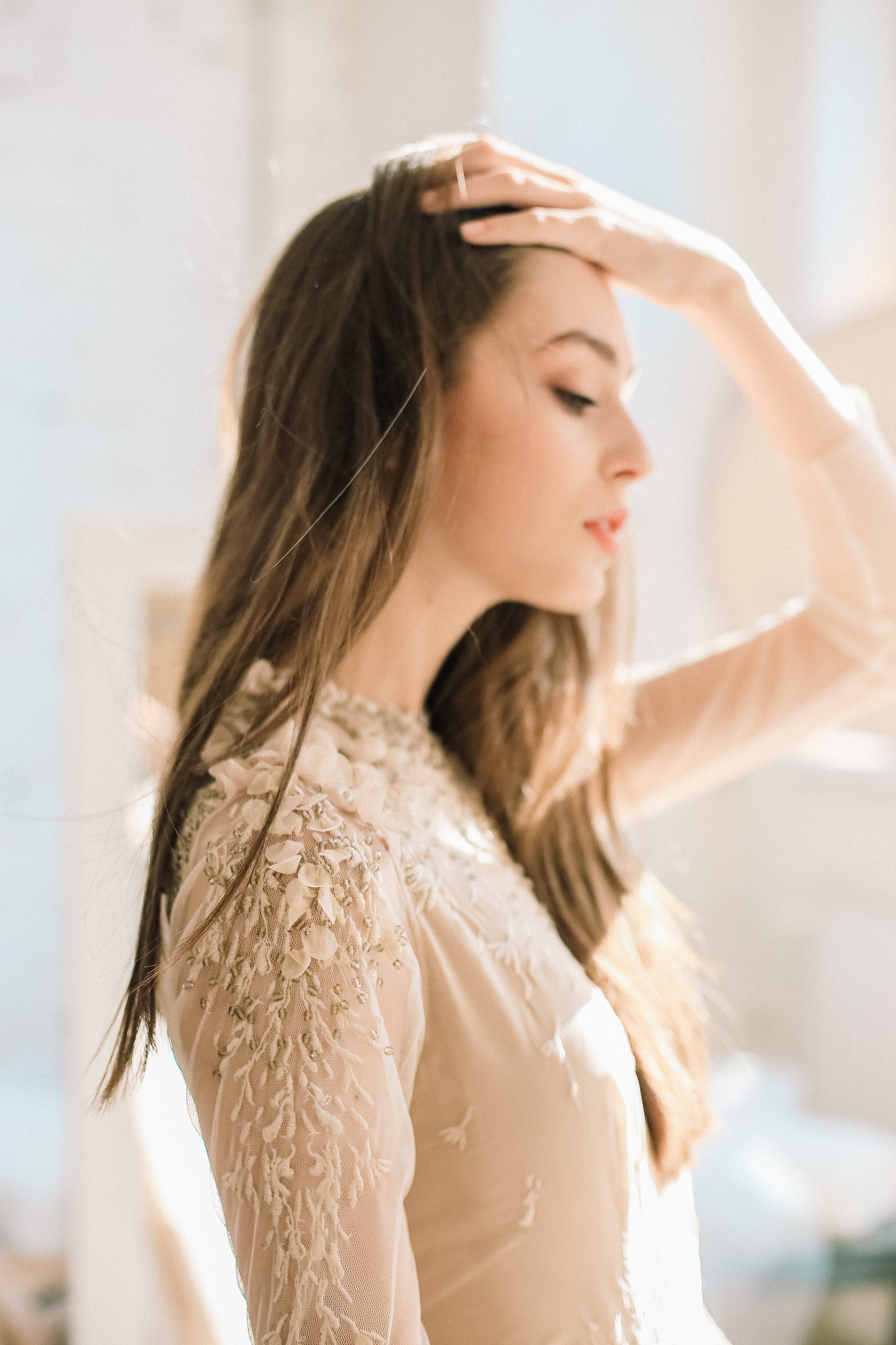 beige wedding dress long sleeve Light Brown Long Sleeve Boho Wedding Dress Rustic Wedding Dress WD741 US2 / Custom Color