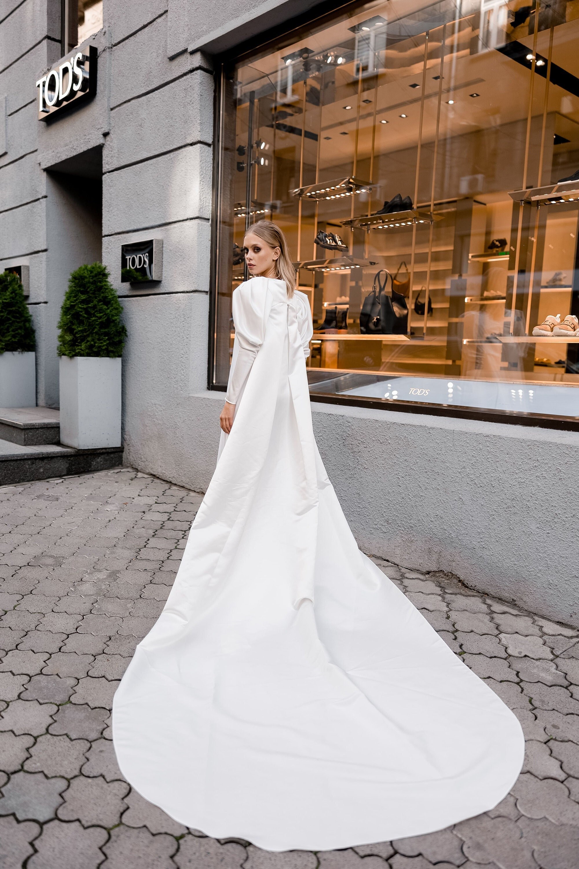 satin cape wedding dress Cape Wedding dress, Minimalist Satin Wedding Dress with Sheer Organza Cape
