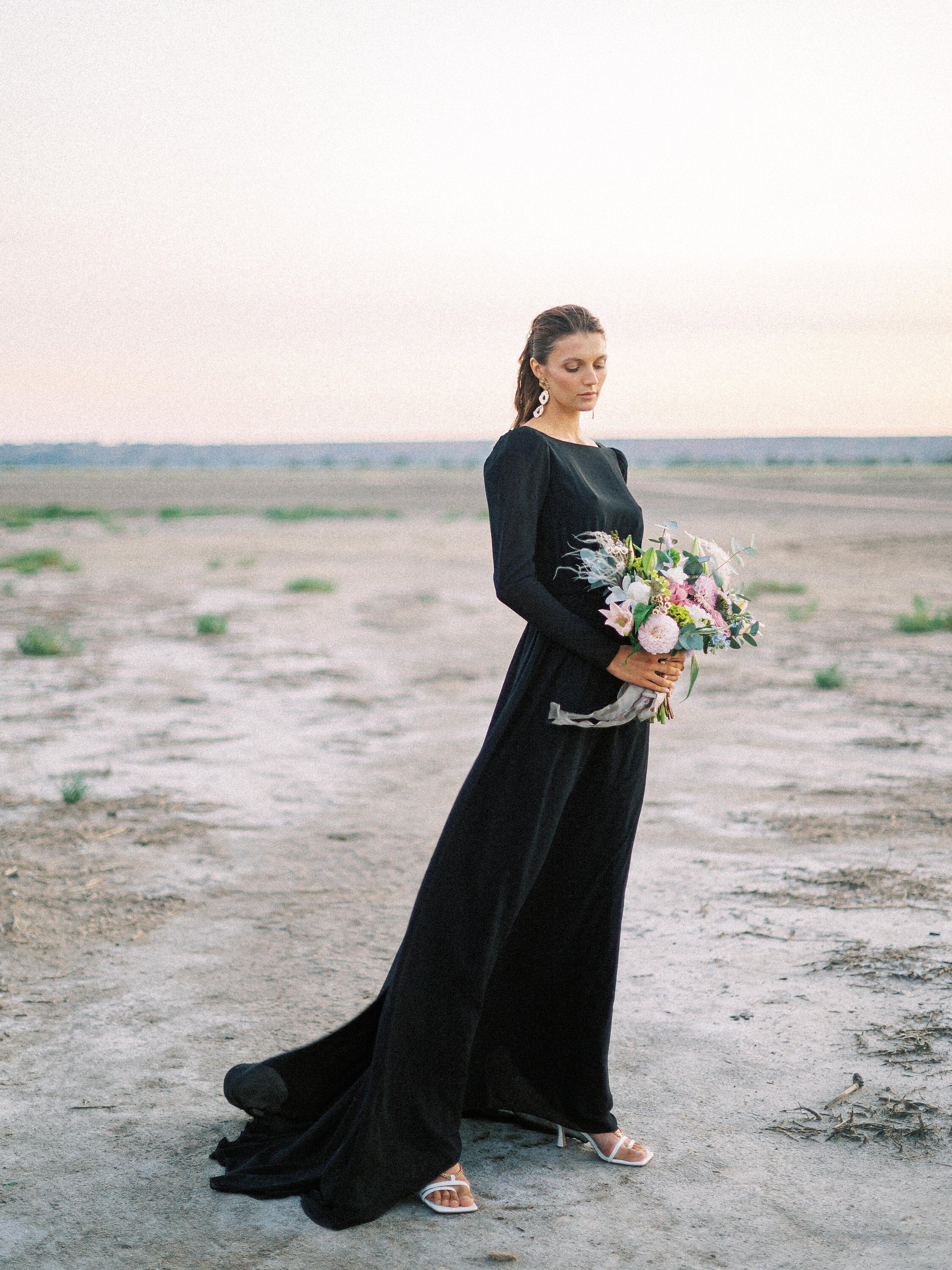 Black modest long sleeve wedding dress ...