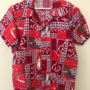 Youth Hawaiian Shirt Dolphins and Canoes Classic Cars Red Hawaiian Shirt Estimated Size 10 Youth