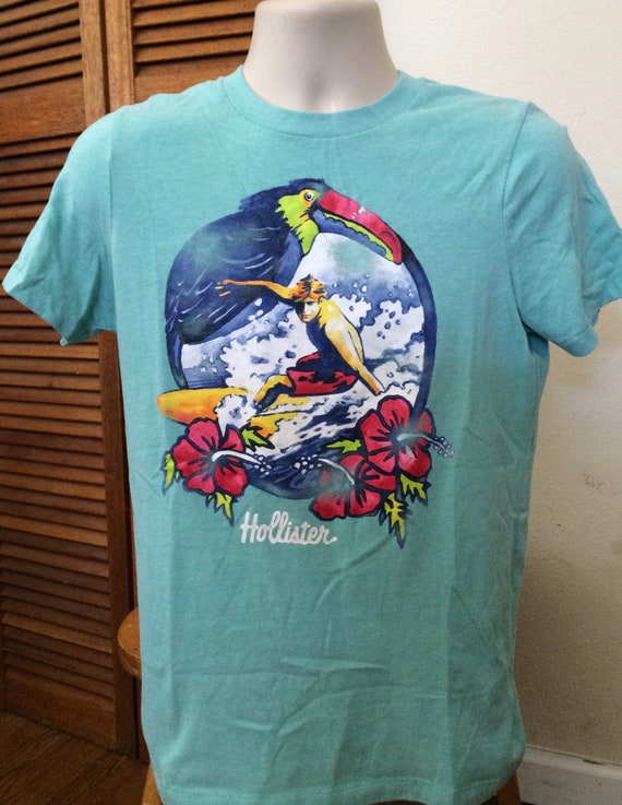 Hollister Surfer T shirt Teal Blue Green Short Sle