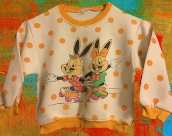 1980's Toddler Size 3  Bunny Rabbits Skateboard Sweater Sweatshirt Polka Dot Sweatshirt/Sweater Skateboard Bunnies